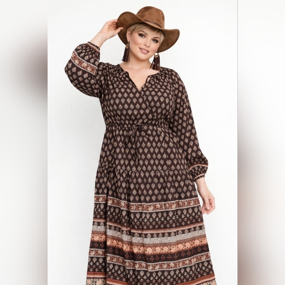 Old Navy Dresses & Skirts - Nwt Old Navy Dress Boho Poet Maxi Midi Flare Brown Vneck Tassels Tiered Swing